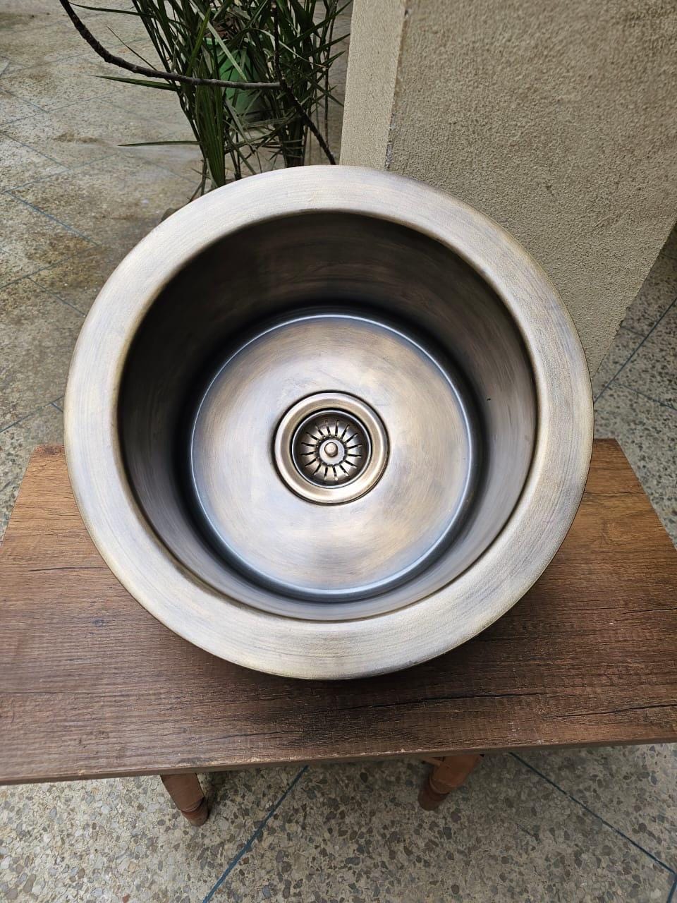 Hand-Hammered Round Brass Sink with Bronze Finish and Matching Drain Basket - Perfect for Wet Bars