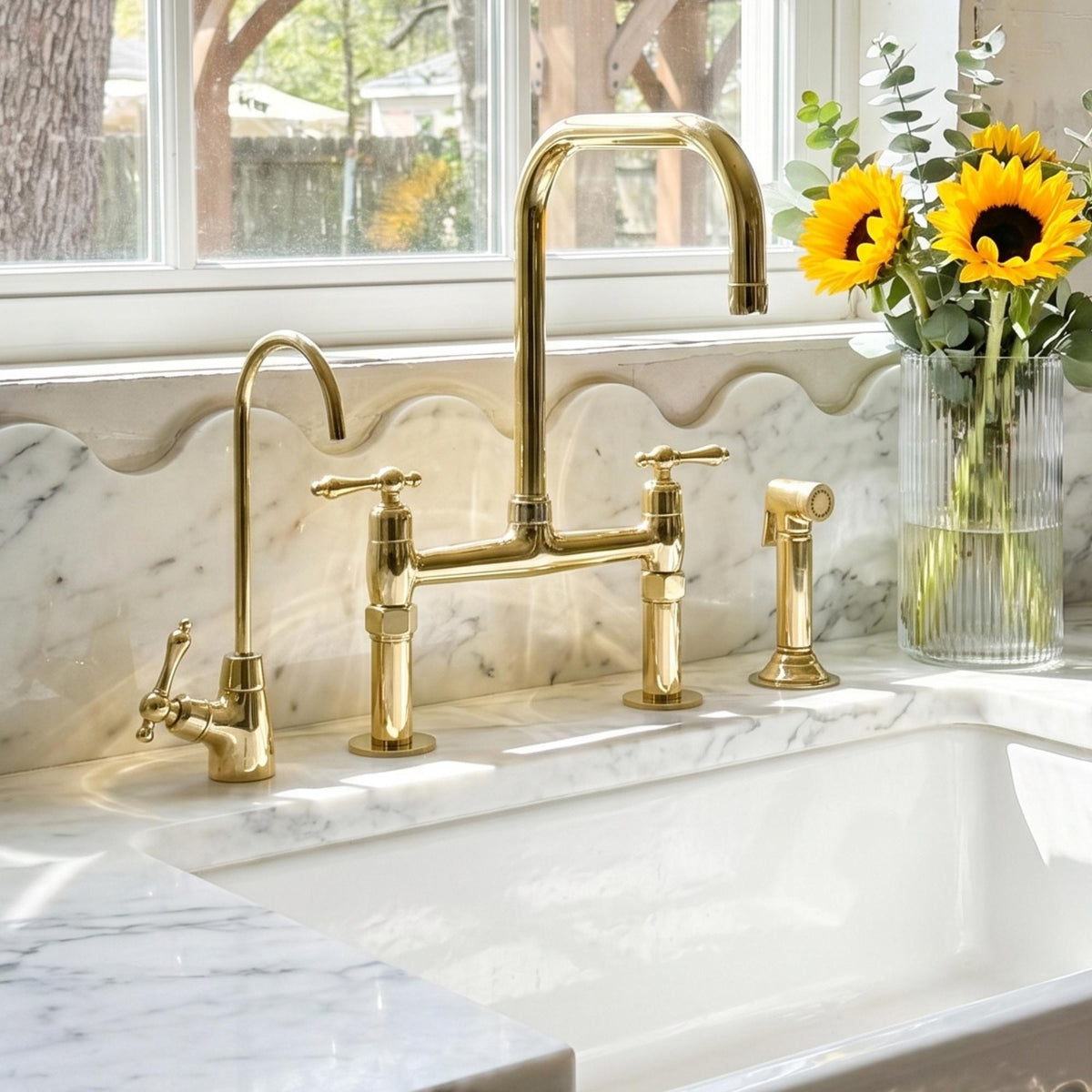 Unlacquered Brass Bridge Kitchen Faucet with Side Sprayer