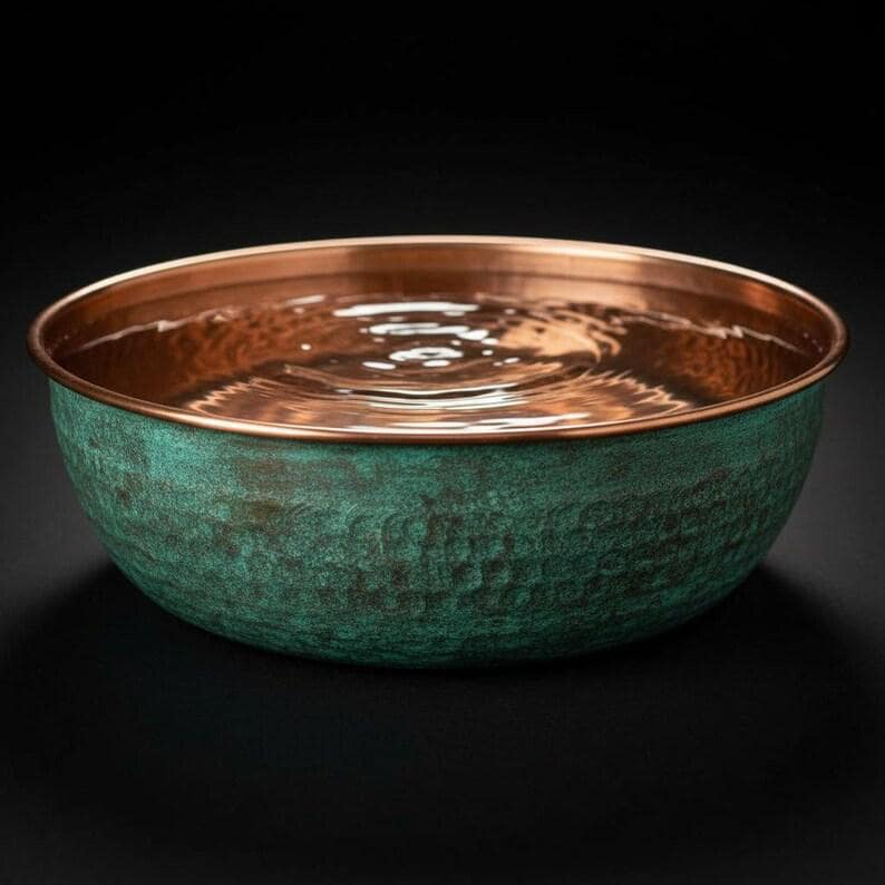 Moroccan Copper Dog Water Bowl – Verdigris Patina Pet Bowl – Luxury Hammered Copper Dog Bowl – Rustic Outdoor Water Dish