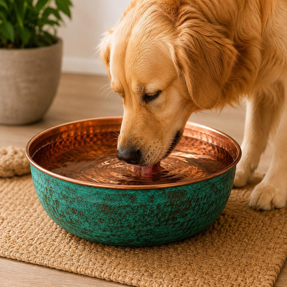 Moroccan Copper Water Bowl – Verdigris Patina Pet Bowl – Luxury Hammered Copper Dog Bowl – Rustic Outdoor Water Dish for