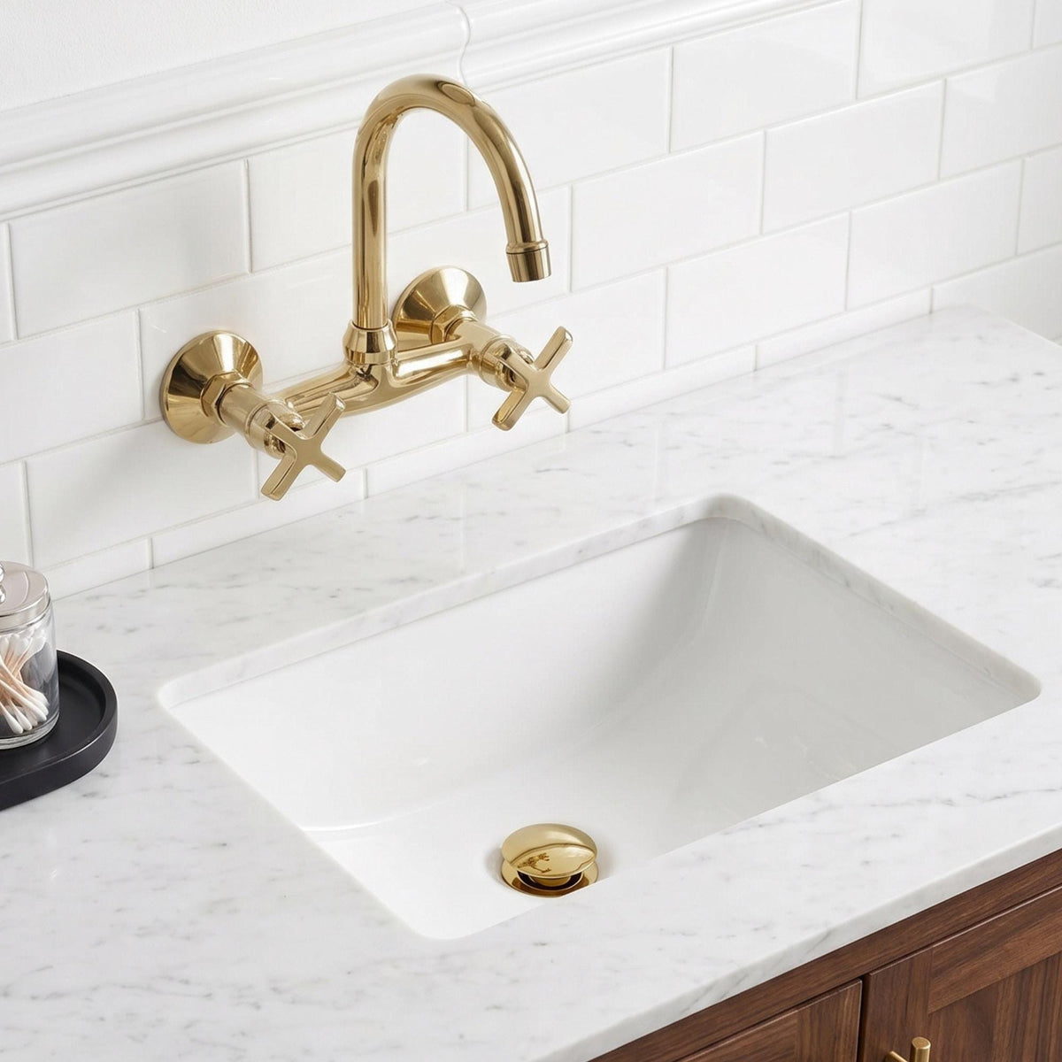 Unlacquered Brass Wall Mount Bathroom Faucet with Cross handles
