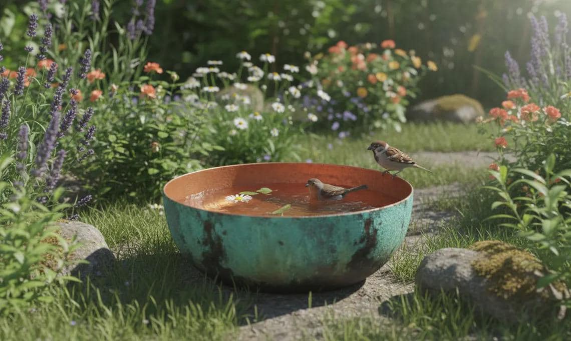 moroccan Copper Bird Bath – Green Patina Garden Décor – Rustic Outdoor Water Bowl for Birds – Artisan Wildlife Garden Bo