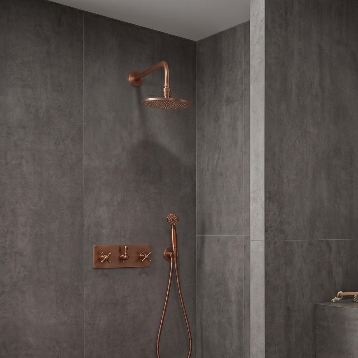 Antique Copper Shower System, Solid Brass Exposed Faucet, Square Rain Head, Handheld Sprayer