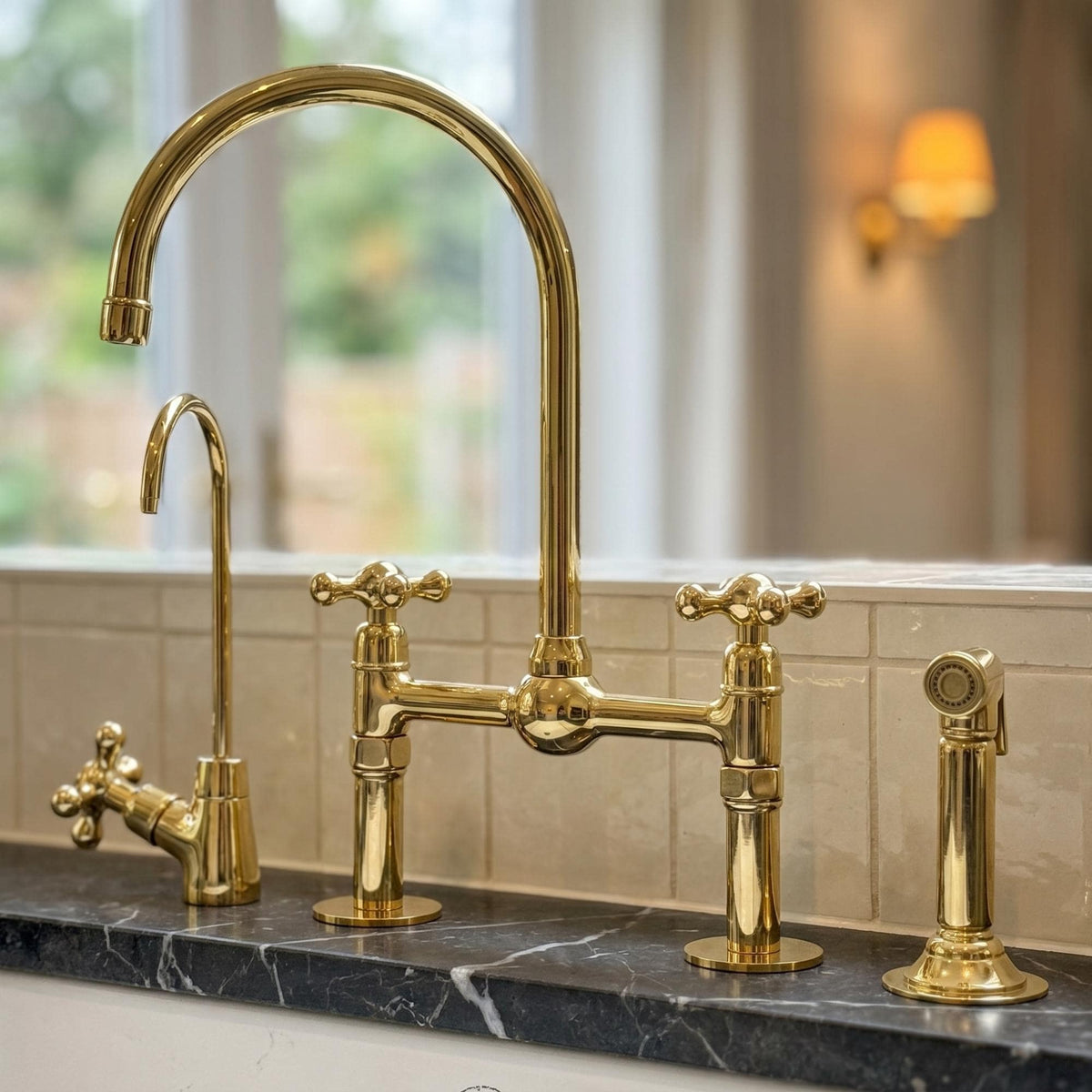 Unlacquered Brass Bridge Kitchen Faucet with Side Sprayer