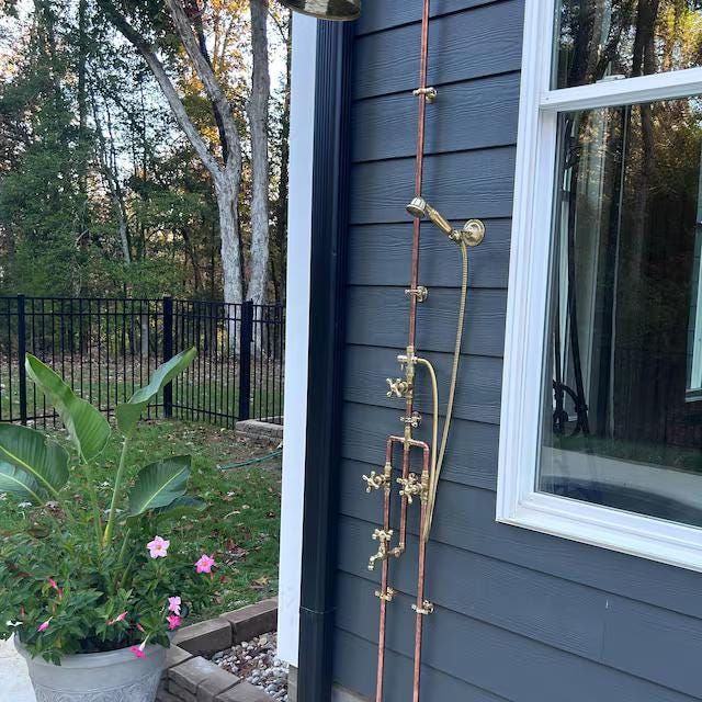 Exposed Copper & Brass Rainfall Shower System: Vintage Farmhouse Style