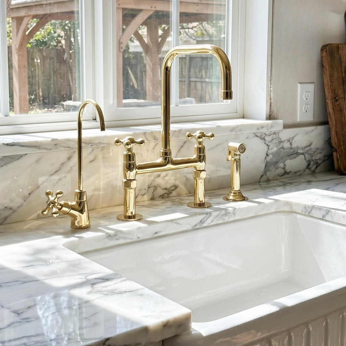 Unlacquered Brass Bridge Kitchen Faucet with Side Sprayer