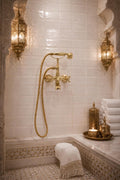 Unlacquered Solid Brass Wall Mount Tubfiller with Handheld Shower, Vintage Bathroom Fixture