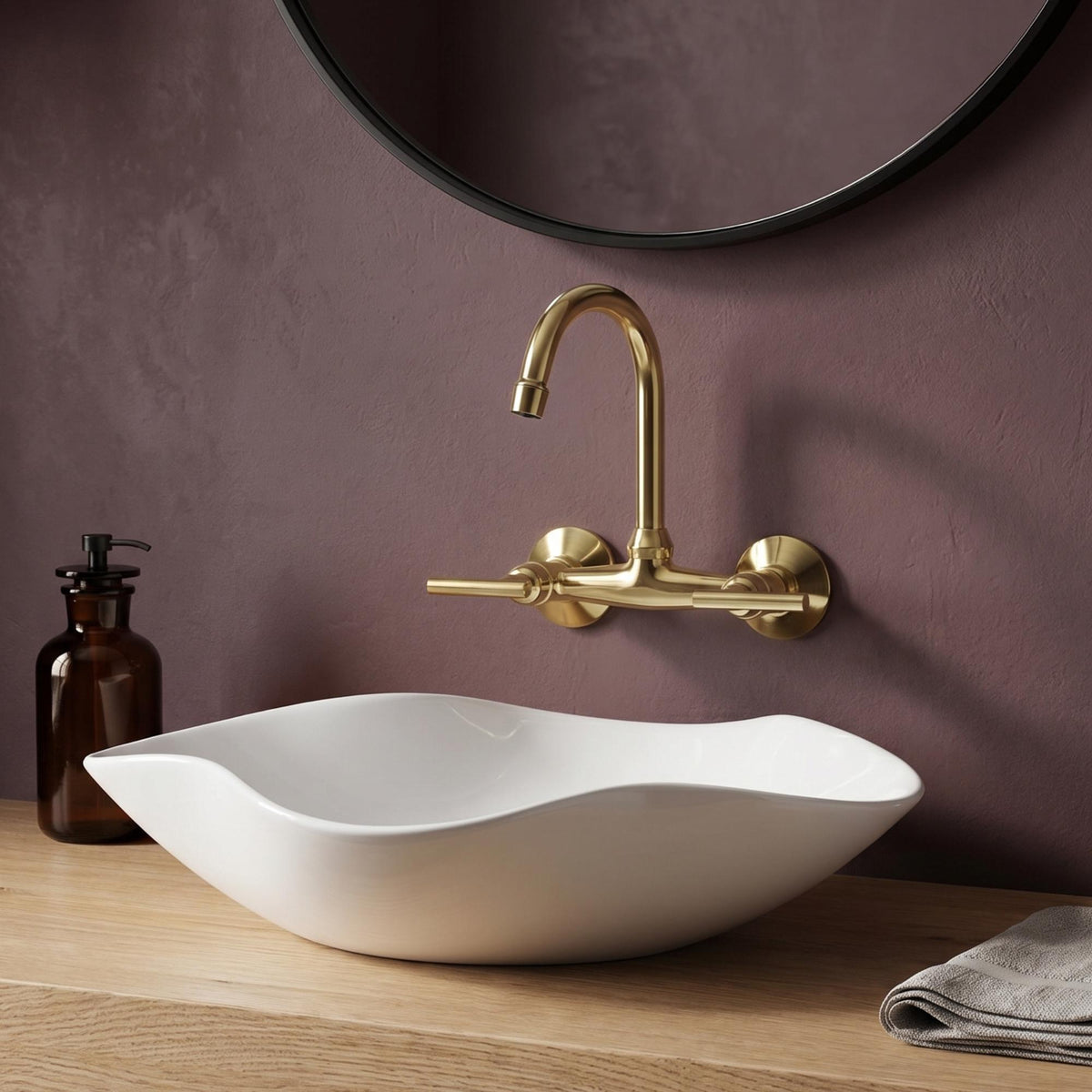 Unlacquered Brass Wall Mount Bathroom Faucet with Lever handles