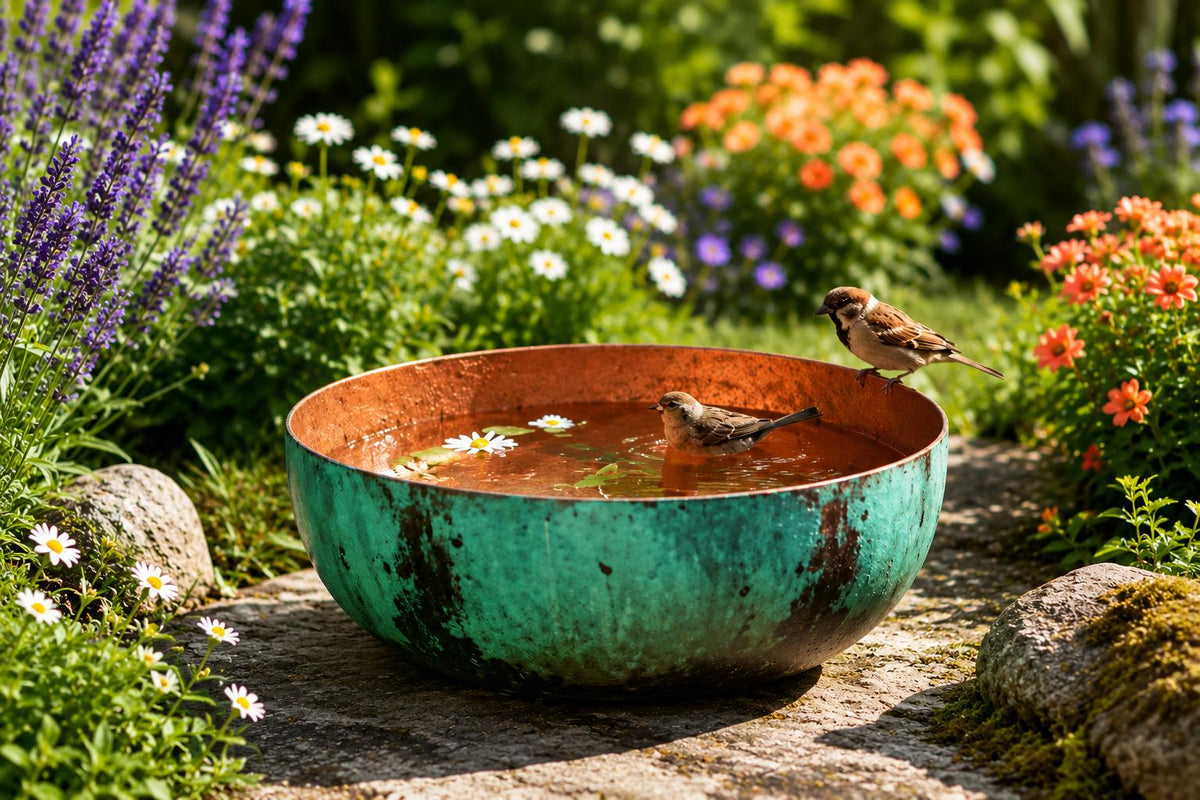 Handmade Copper Bird Bath – Green Patina Garden Décor – Rustic Outdoor Bird Bath Bowl – Artisan Wildlife Garden Bowl