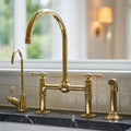 Unlacquered Brass Bridge Kitchen Faucet with Side Sprayer