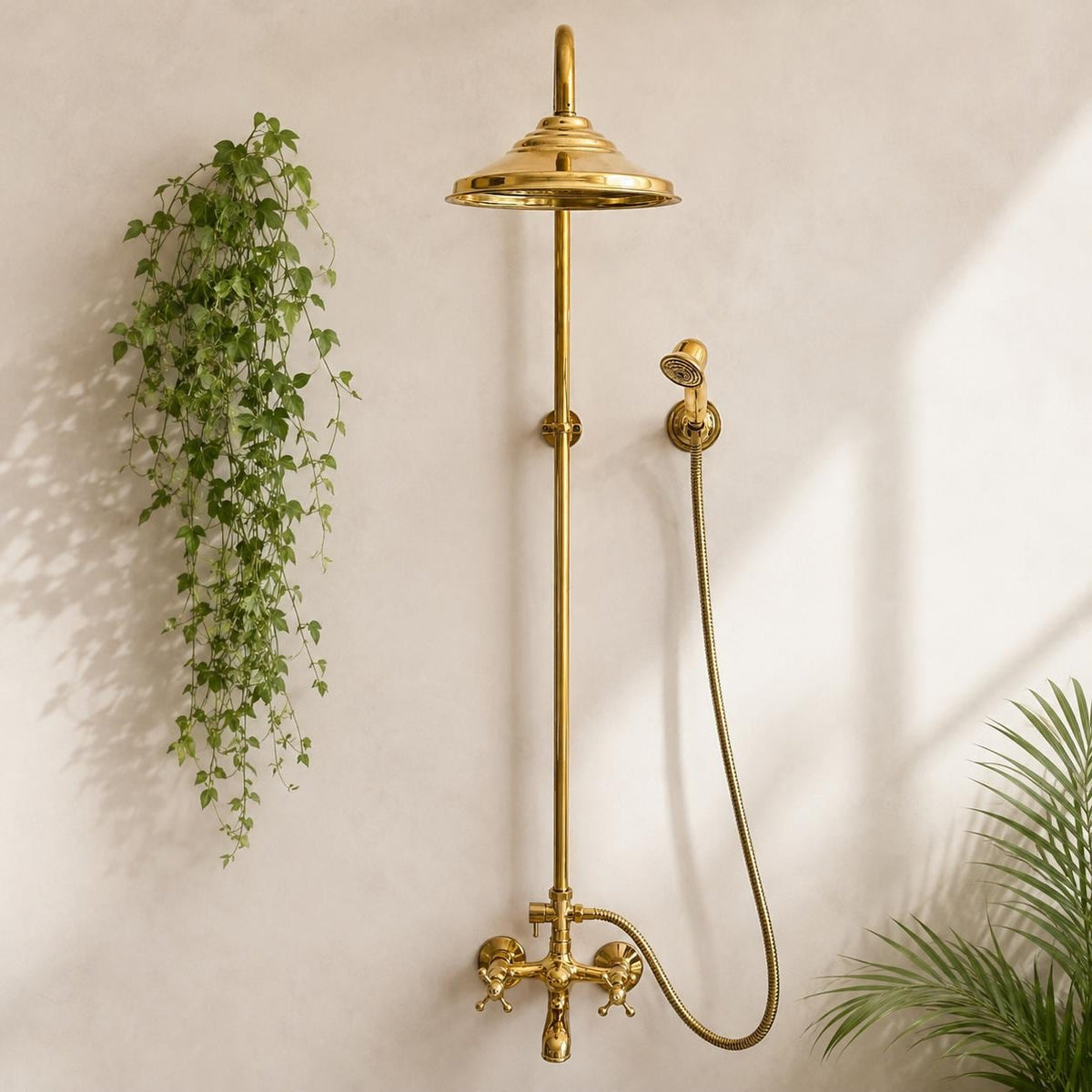 Brass Shower System – Rain Shower, Tub Spout & Handheld Combo – Moroccan Vintage Cross-Handles