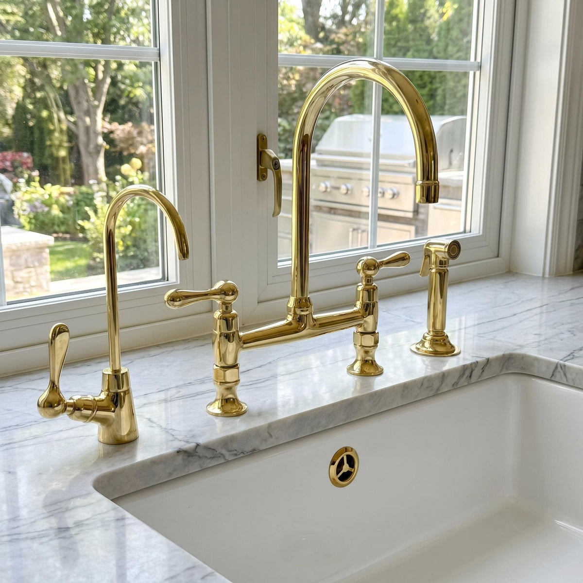 Unlacquered Brass Bridge Kitchen Faucet with Side Sprayer