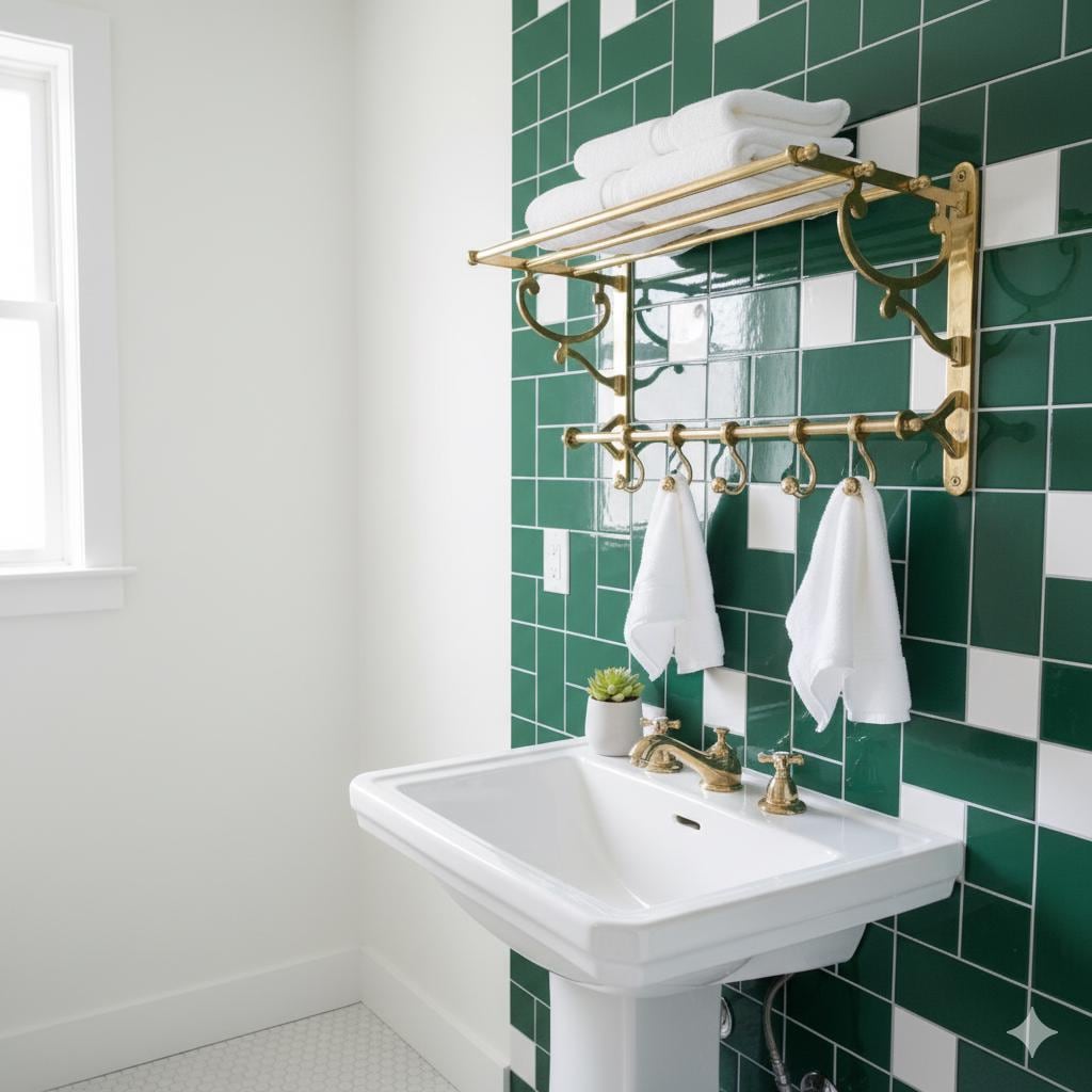 Unlacquered Brass Towel Rack with Shelf & Hooks: Farmhouse Bathroom Storage