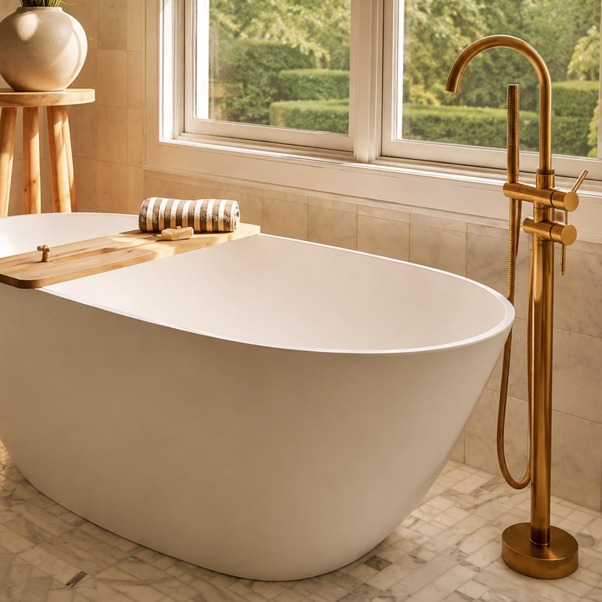 Unlacquered Solid Brass Tub Filler and Handheld Standing Two Outlets Bathtub Faucet