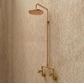 Copper Outdoor Shower System, Unlacquered Solid Copper Rainfall Shower Head & Brass Cross Handles, Handmade Rustic Wall 