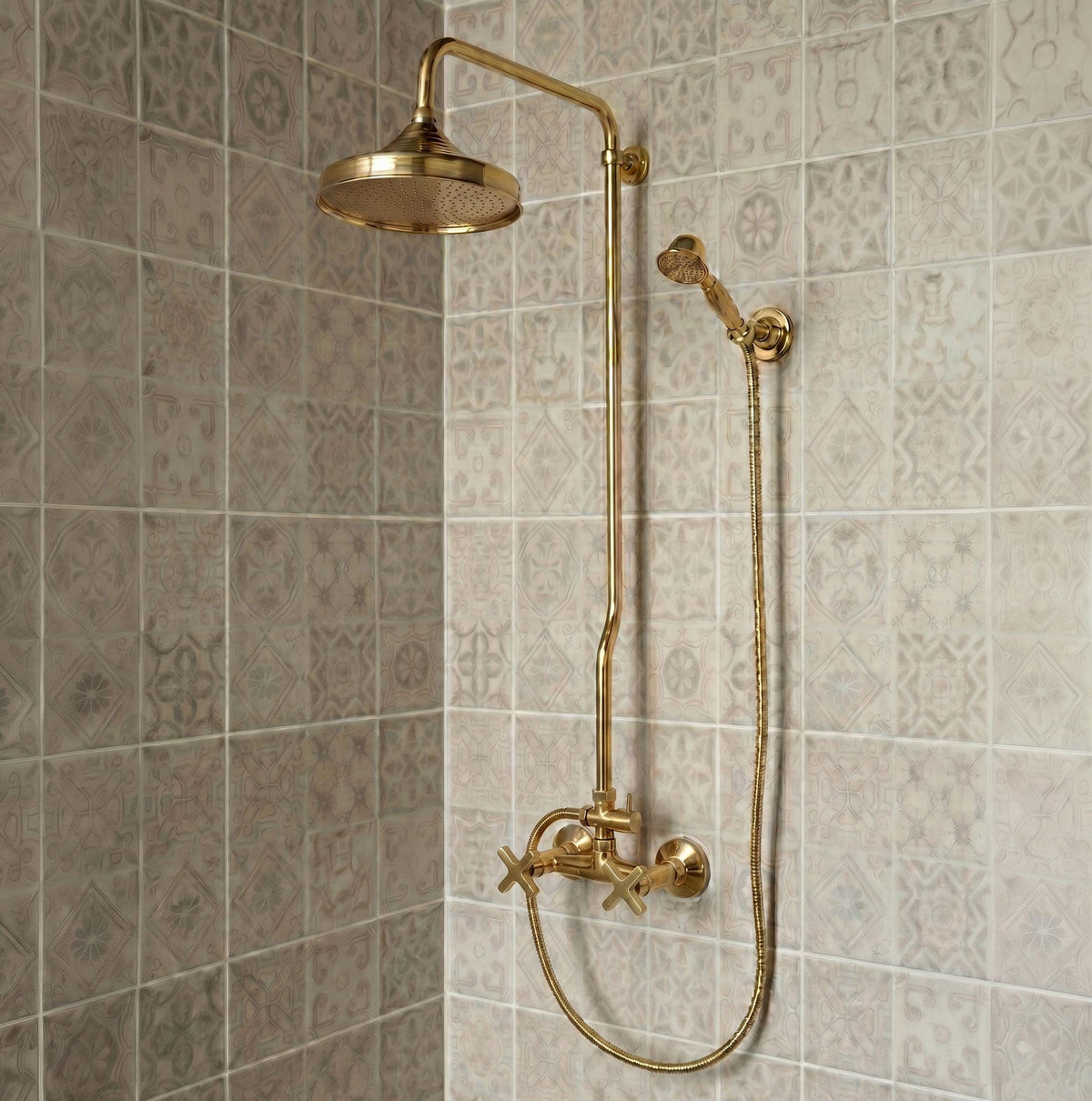 Unlacquered Brass Shower System, Antique Exposed Shower Set, Rainfall Head & Handheld, Vintage Moroccan Brass Bathroom F