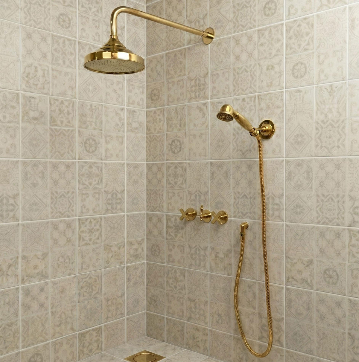 Unlacquered Solid Brass Shower System, Rain Shower Head with Handheld, Vintage Cross Handle Wall Mount Shower Set, Antiq