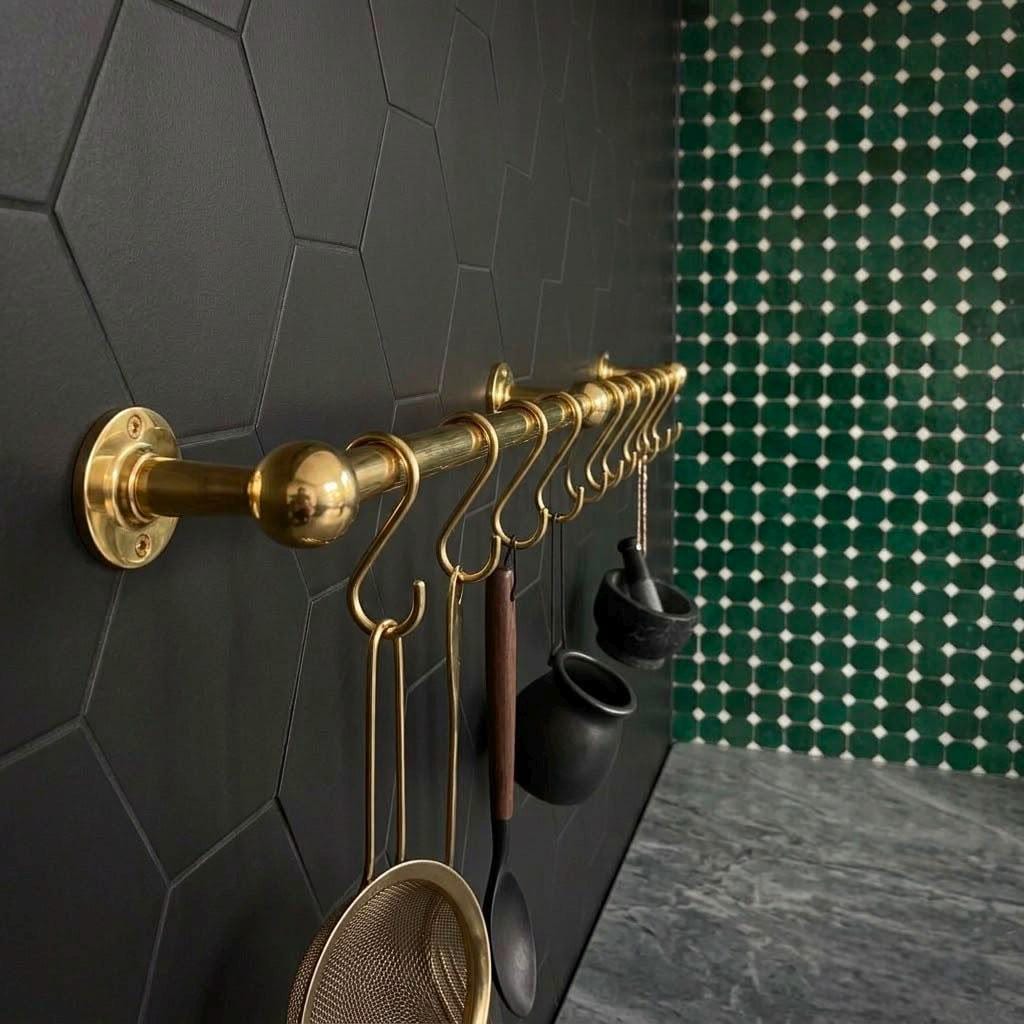 Unlacquered Brass Cookware Rack, Industrial Storage Hanger, Coffee Mug Rail with Hooks, Luxury Apron Wall Rack, Heavy Du