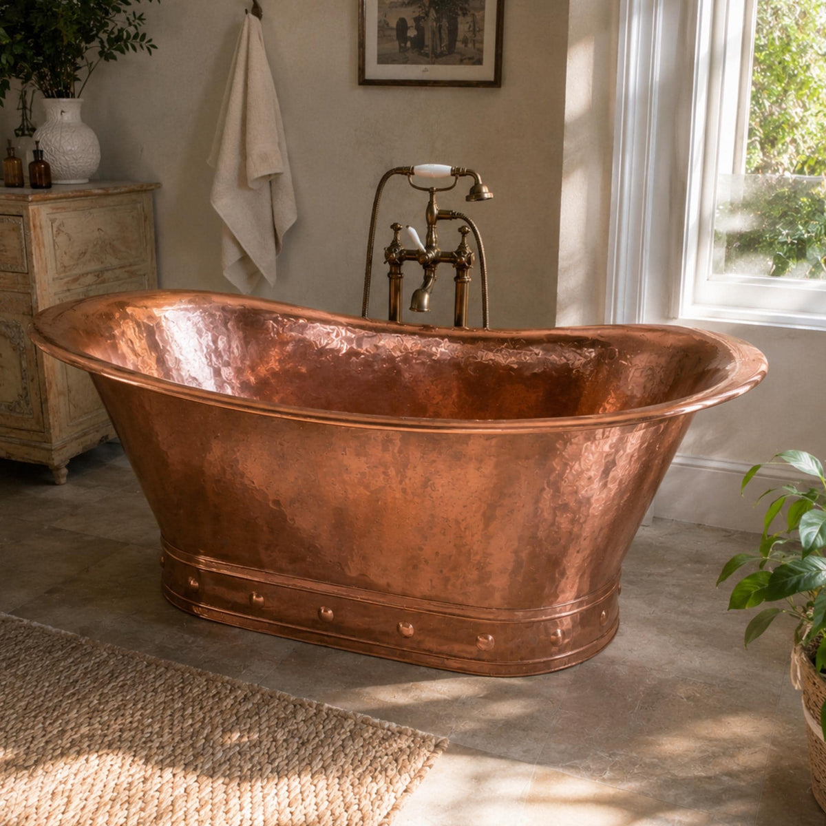 Handmade Hammered Copper Freestanding Bathtub for Luxury Rustic Bathrooms and Relaxing Soaking Baths