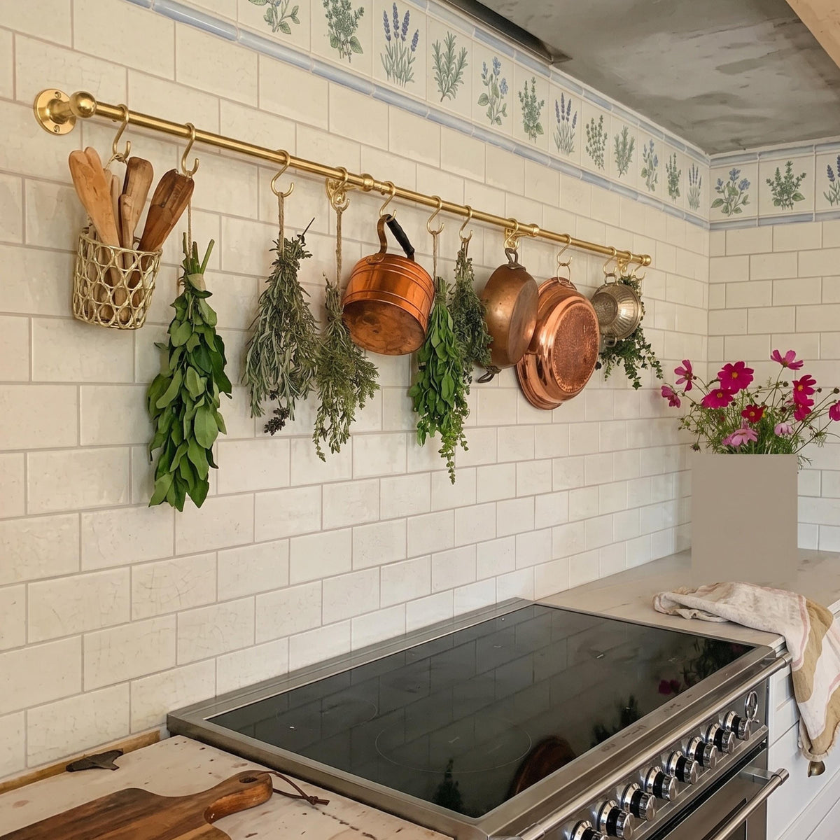Unlacquered Brass Pot Rail, Hanging Kitchen Organizer with S Hooks