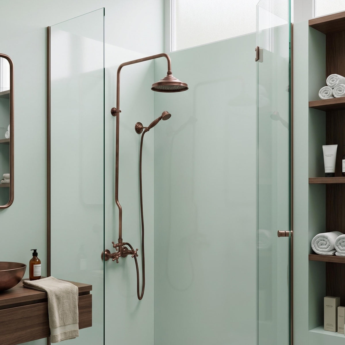 Unlacquered Copper Exposed Shower System – Traditional Aged Dark Finish, Handheld Spray Kit
