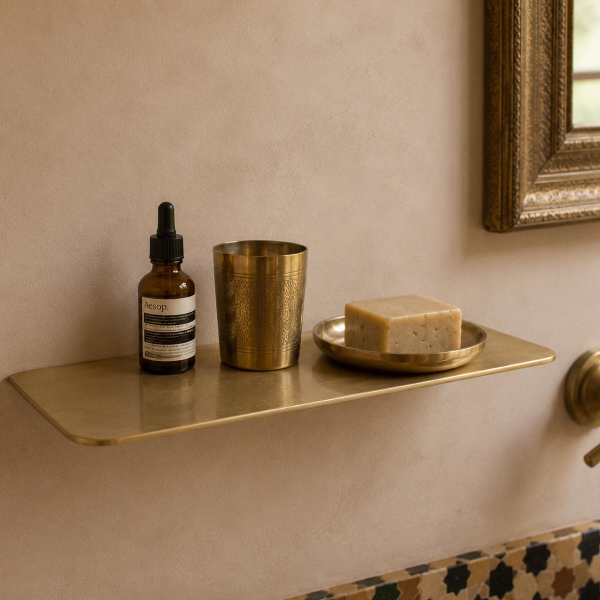 Solid Brass Floating Shelf, Handcrafted Wall Mount Bathroom Soap Holder