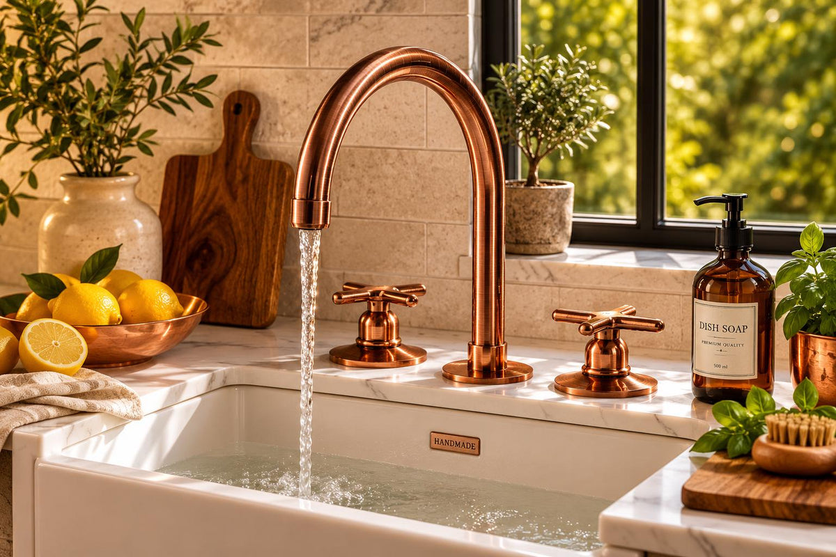 Moroccan Solid Copper Faucet Set – Handmade Two-Handle Bathroom Faucet with Cross Handles