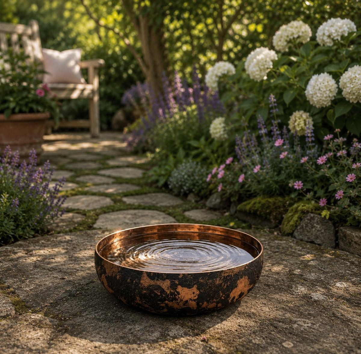 Moroccan Copper Bird Bath & Dog Water Bowl, Rustic Outdoor Garden Bowl, Pet Water Dish, Backyard Garden Decor