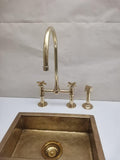 Unlacquered Brass Bridge Faucet Set with Side Sprayer, Solid Brass Farmhouse Mixer, Vintage tap