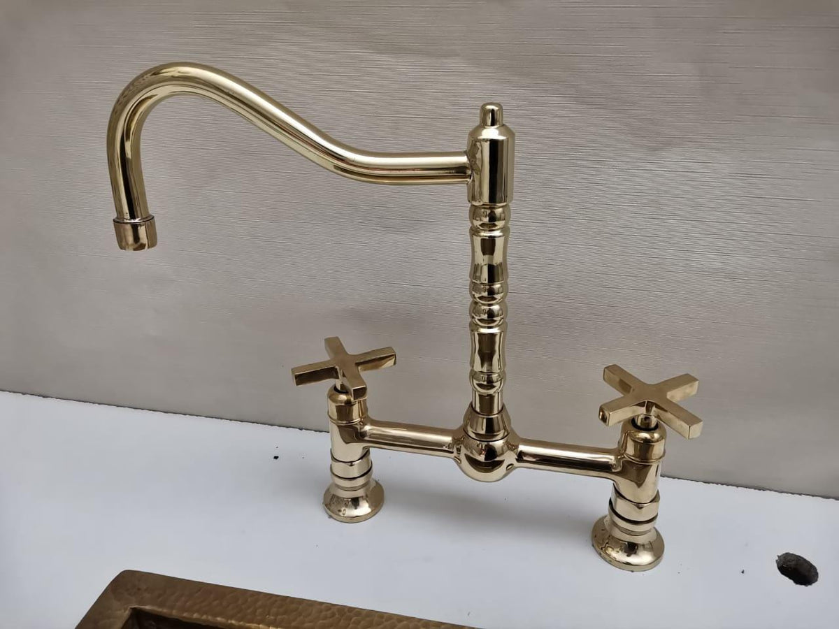 Unlacquered Solid Brass Bridge Kitchen Faucet with Side Sprayer