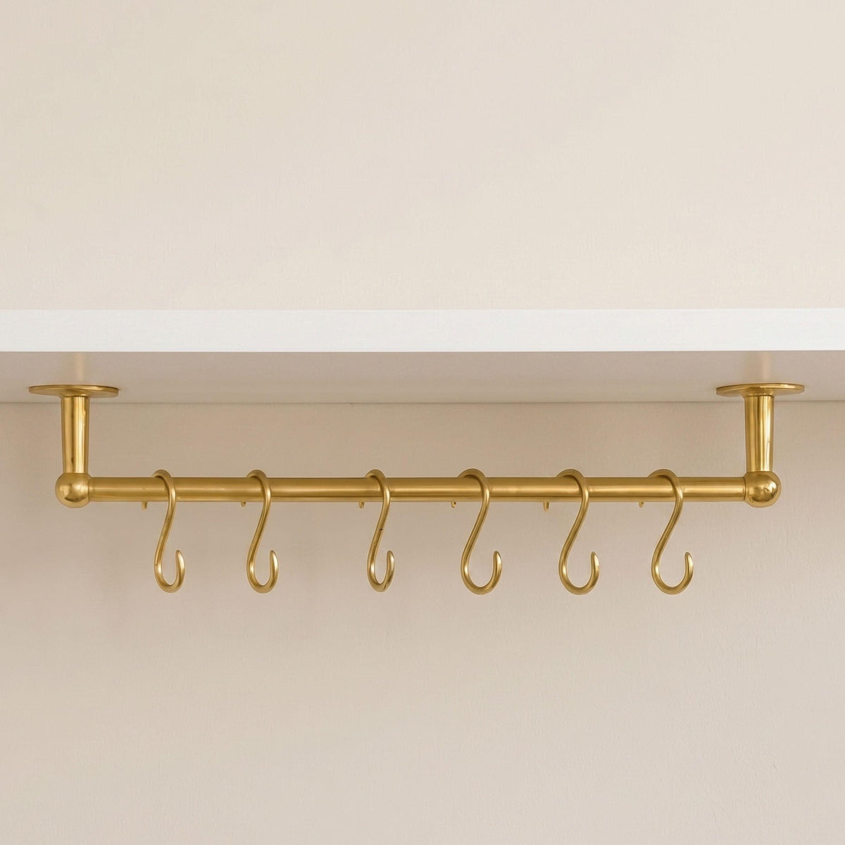 Unlacquered Brass Pot Rail with S Hooks, Wall Mounted Kitchen Organizer