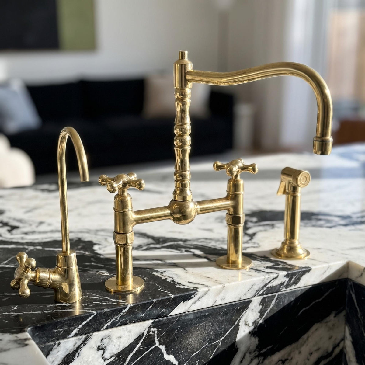 Unlacquered Brass Bridge Kitchen Faucet with Side Sprayer