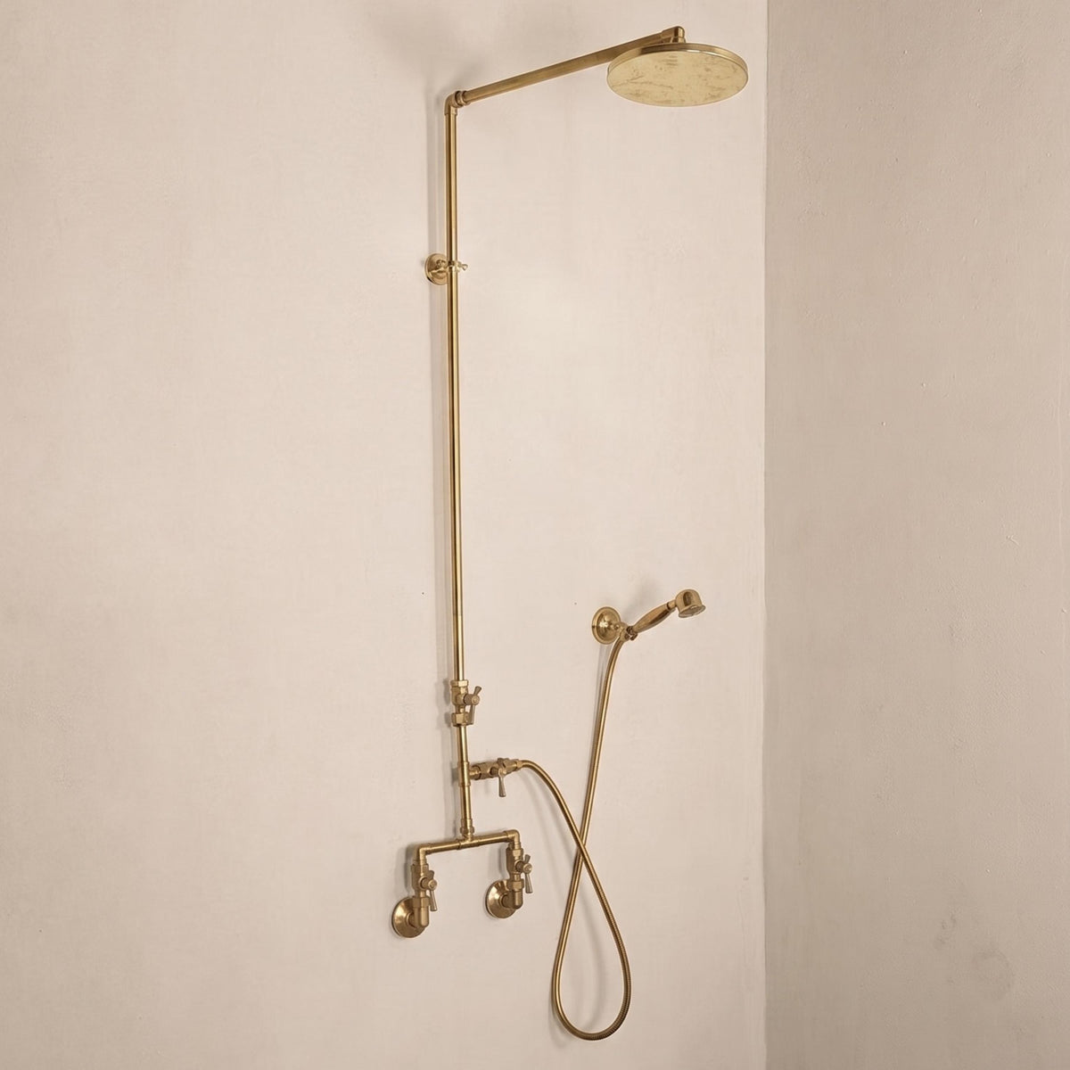 Unlacquered Brass Shower System with Copper Accents, Vintage Rain Shower Set