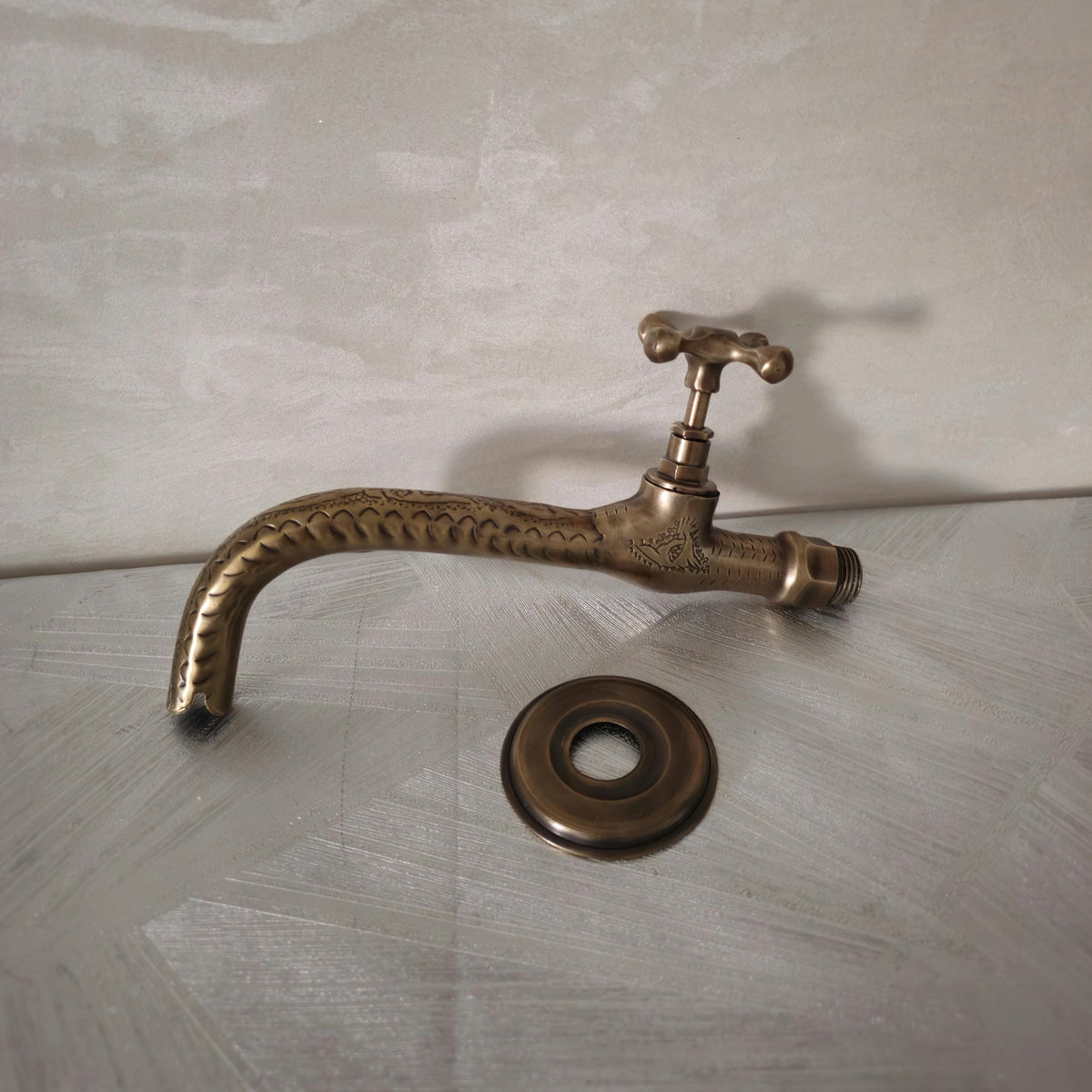 Handcrafted Brass Wall Faucet, Antique Moroccan Bathroom Tap, Engraved Vintage Style Sink Spigot