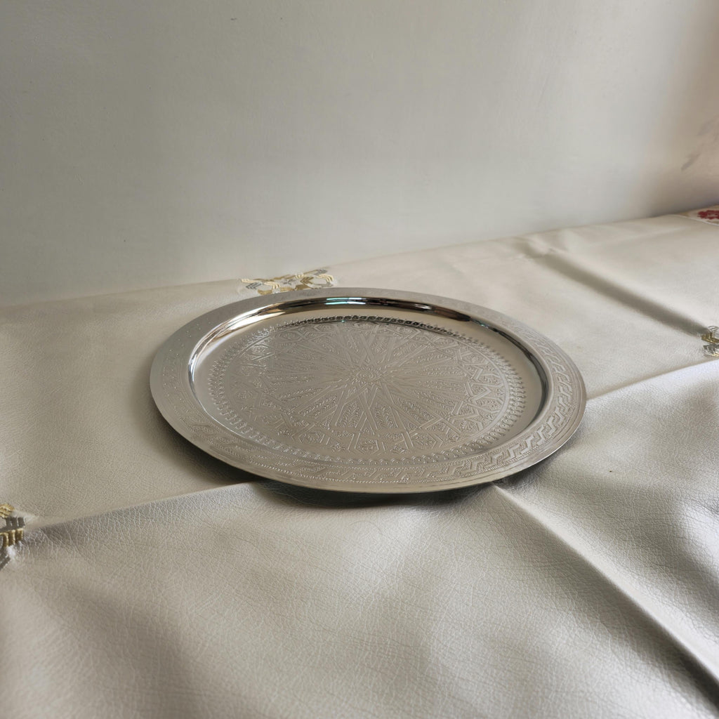 Engraved Brass Serving Tray — Starburst, Silver