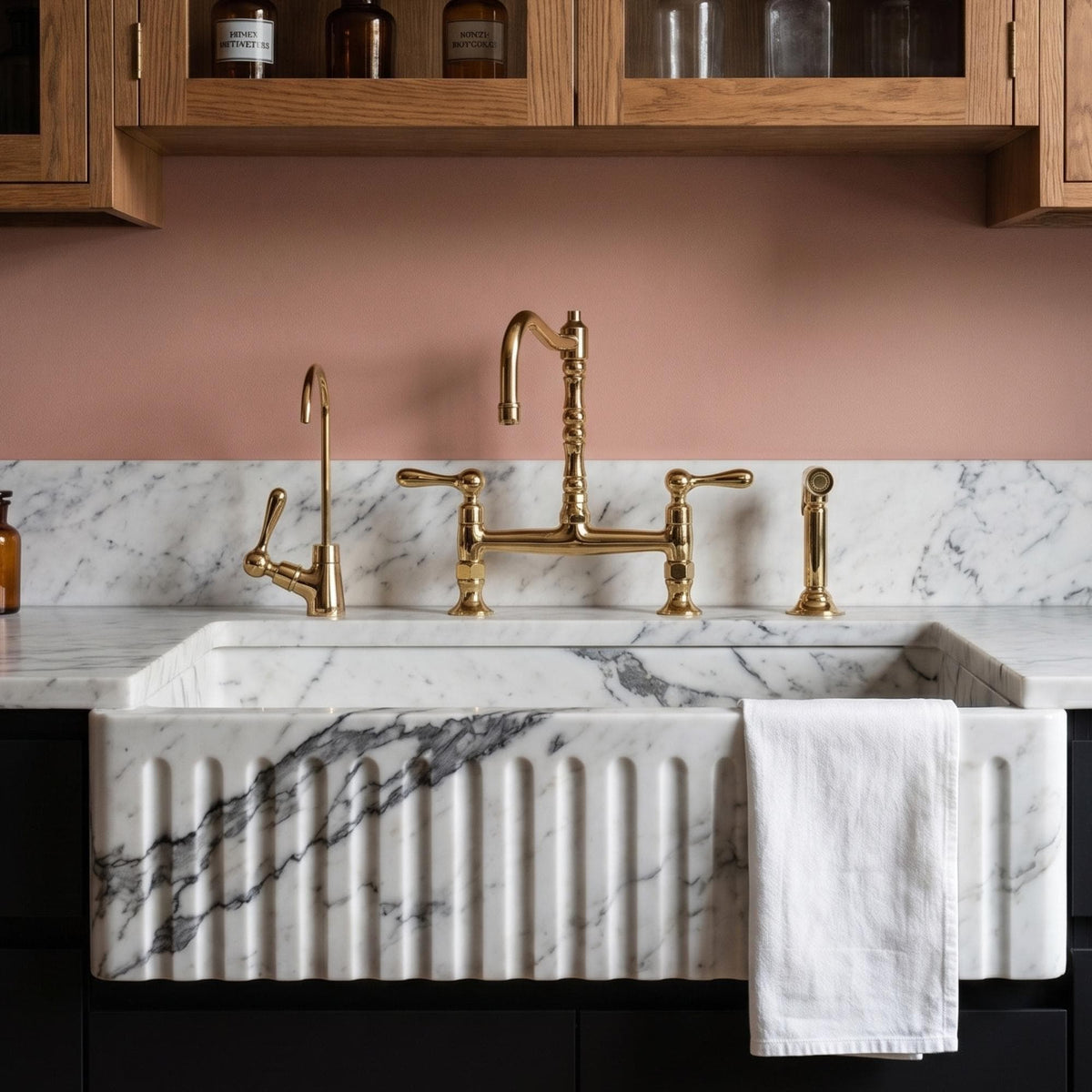 Unlacquered Brass Bridge Kitchen Faucet with Side Sprayer