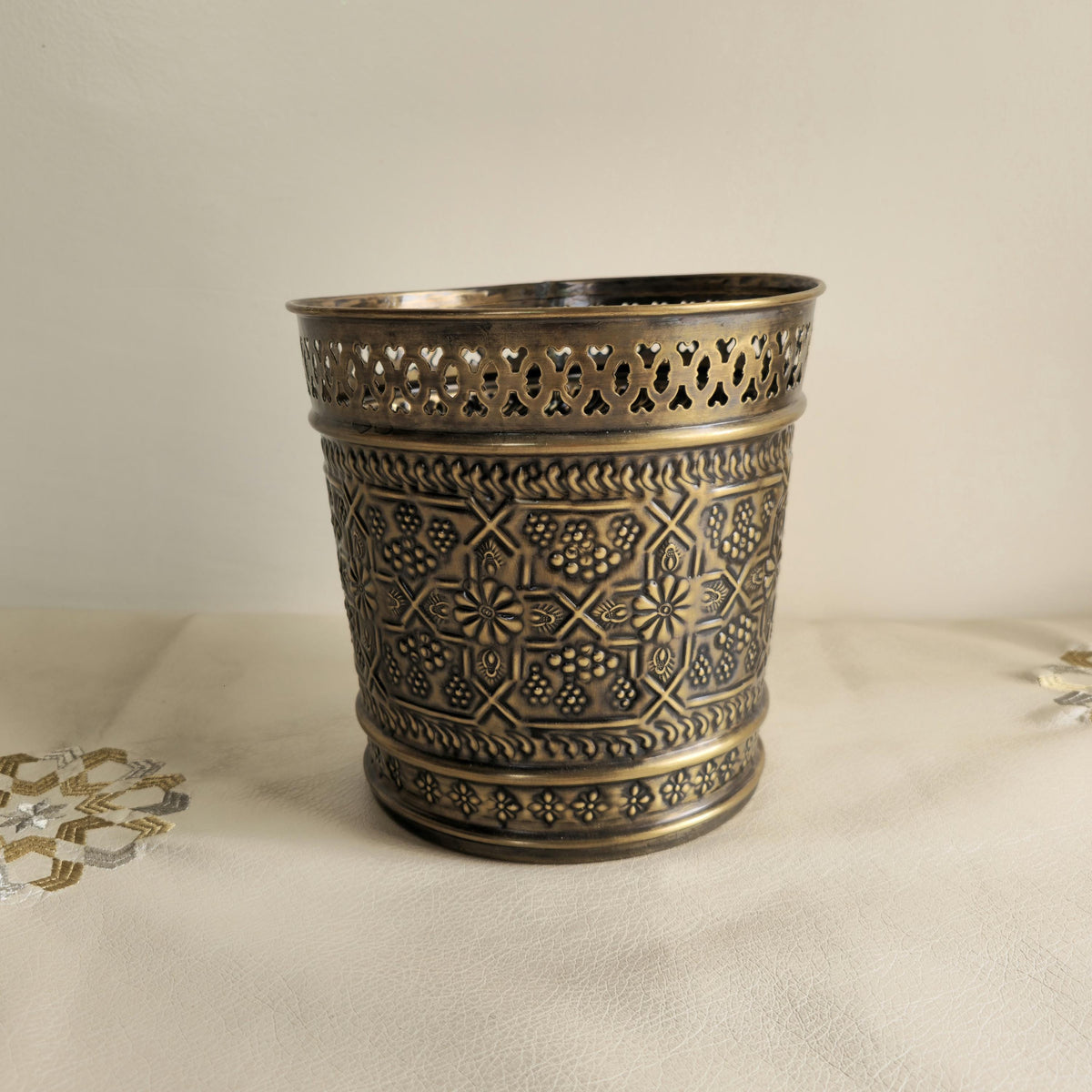 Hand-Engraved Solid Brass Wastebasket