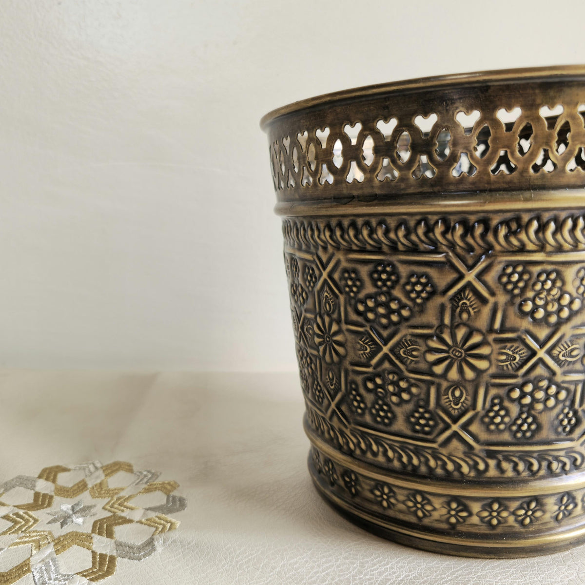 Hand-Engraved Solid Brass Wastebasket
