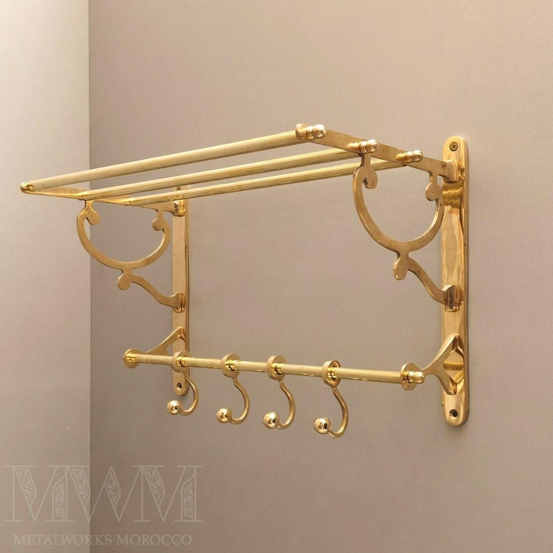 Unlacquered Brass Bathroom Shelf With Hooks For Clothes And Towels - Handmade