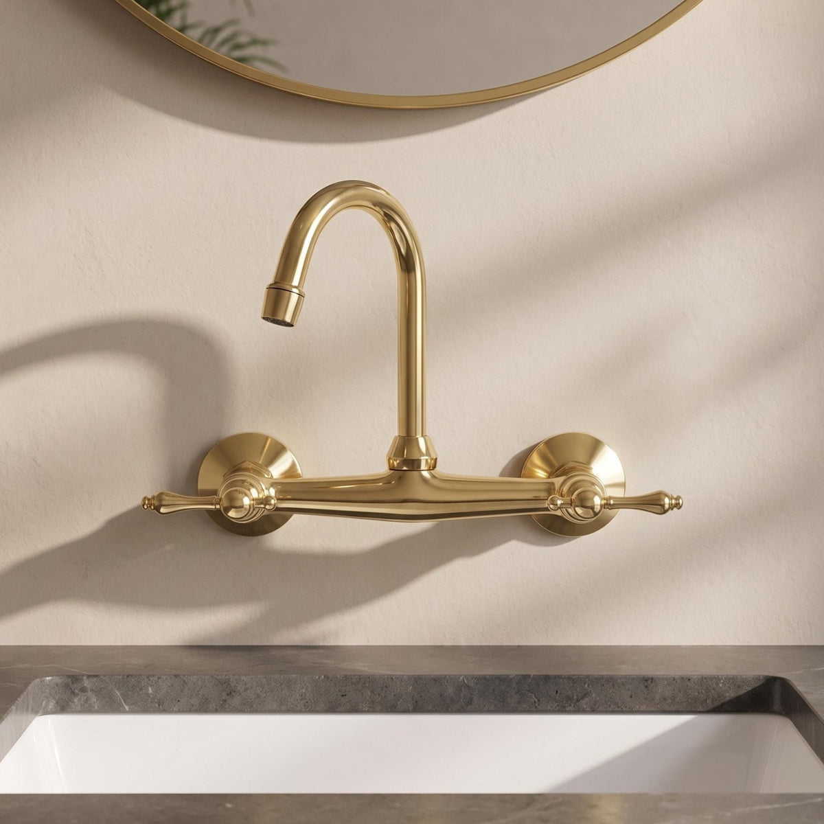 Unlacquered Brass Wall Mount Bathroom Faucet with Lever handles