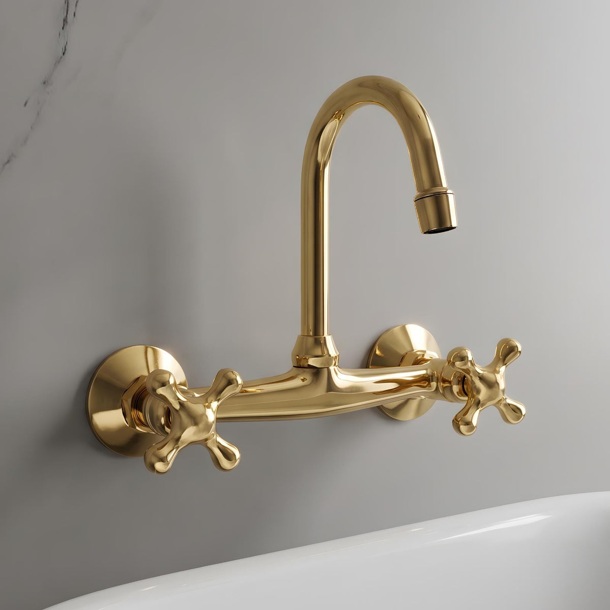 Unlacquered Brass Wall Mount Bathroom Faucet with Cross handles