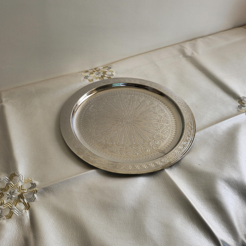 Engraved Brass Serving Tray — Starburst, Silver