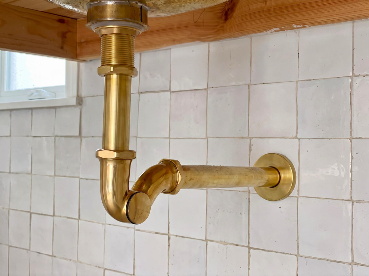 Unlacquered Solid Brass P-Trap and Push Up Drain, Pop Up Button, Brass Water Trap, Bathroom Sink Drain