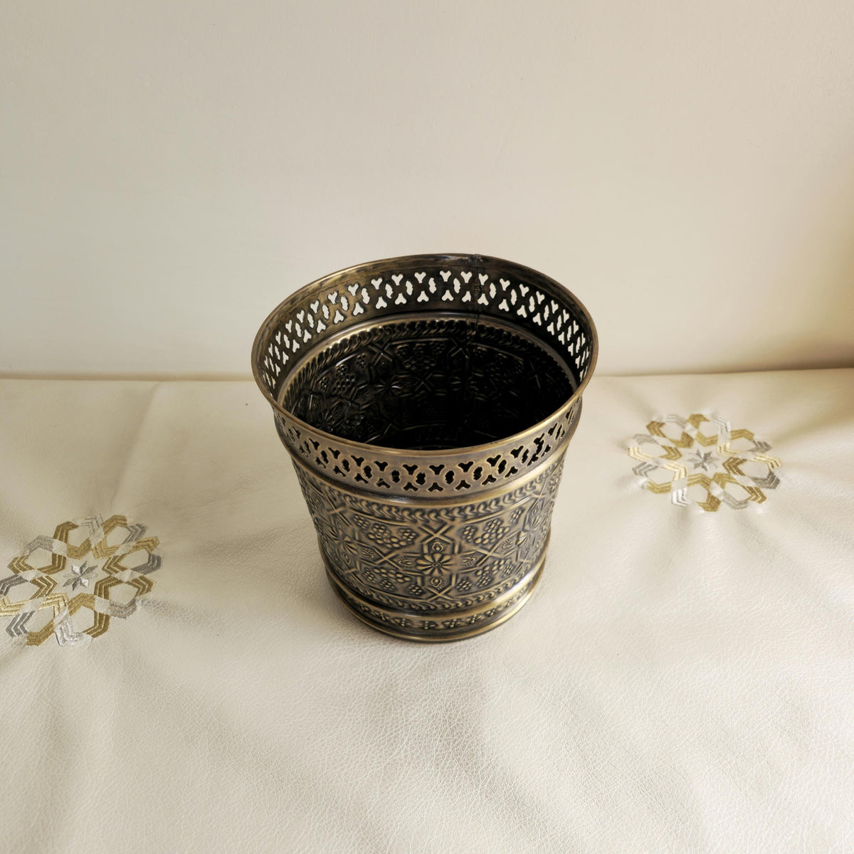 Hand-Engraved Solid Brass Wastebasket