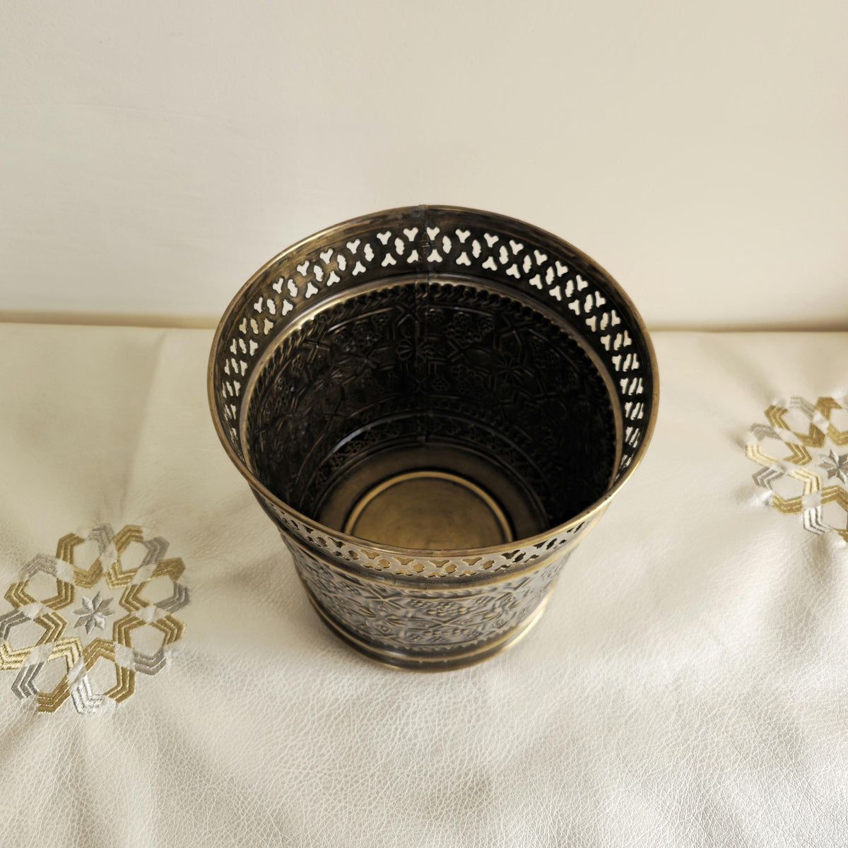 Hand-Engraved Solid Brass Wastebasket