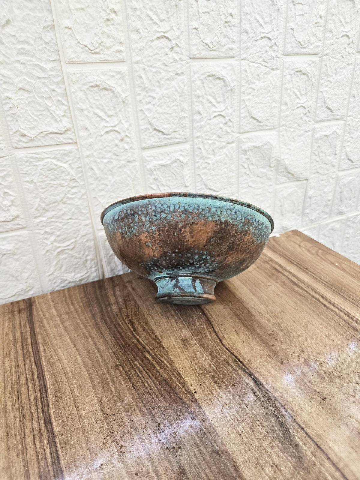 Round Hammered Copper Bathroom Vessel Sink, Oxidized Copper Vanity Basin with Rustic Green Patina, Footed Countertop Sin