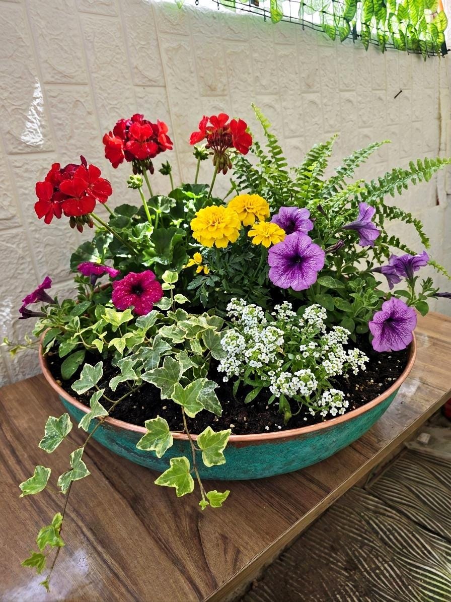 Large Round Hammered Copper Planter Bowl with Green Verdigris Patina, Rustic Indoor Outdoor Plant Container, Farmhouse G