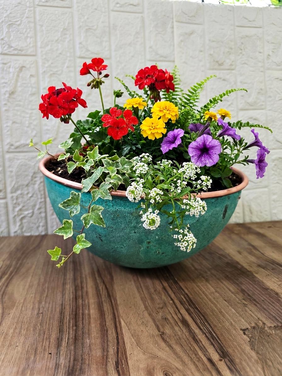 Large Round Flower Pot Planter, Hammered Copper Bowl with Green Verdigris Patina, Rustic Indoor Outdoor Plant Container