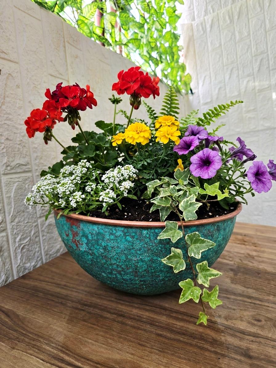 Copper Planter Bowl with Green Patina Finish, Rustic Indoor Outdoor Flower Container, Farmhouse Patio Decor