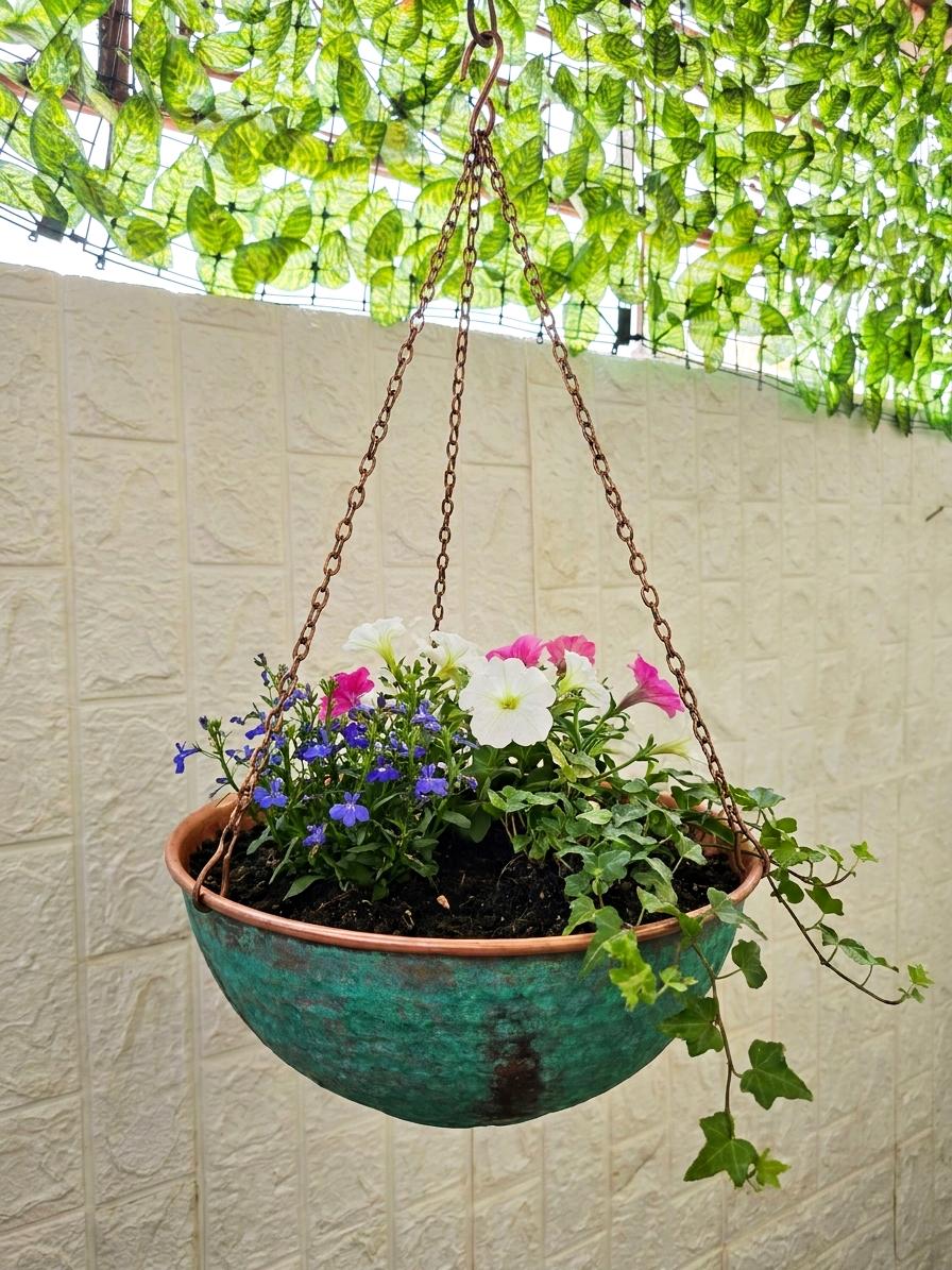 Green Verdigris Hanging Basket, Copper Hanging Flower Pot with Chains, Rustic Garden Decor, Outdoor Patio Planter, Cotta